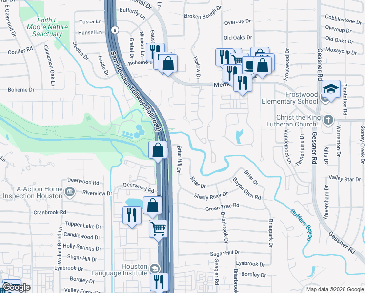 map of restaurants, bars, coffee shops, grocery stores, and more near 15 Briar Hill Drive in Houston