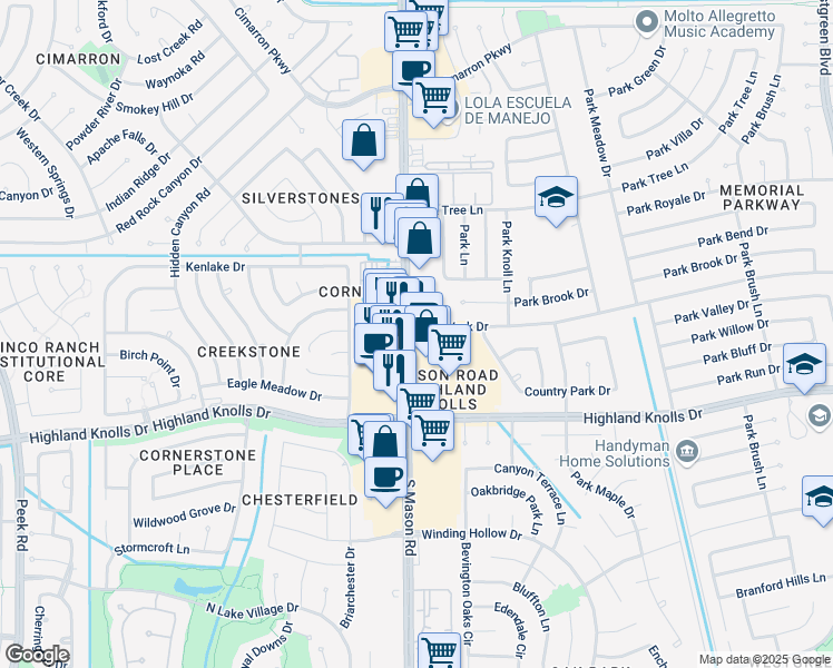 map of restaurants, bars, coffee shops, grocery stores, and more near 1427 Mason Road in Katy