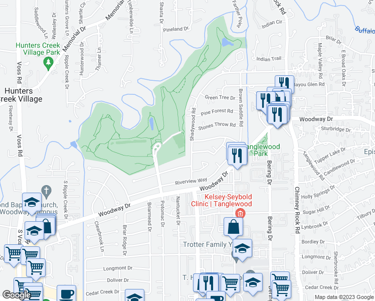 map of restaurants, bars, coffee shops, grocery stores, and more near 614 Shadywood Road in Houston