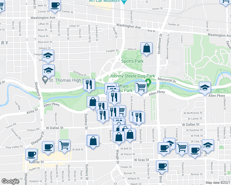 map of restaurants, bars, coffee shops, grocery stores, and more near Waugh Drive in Houston