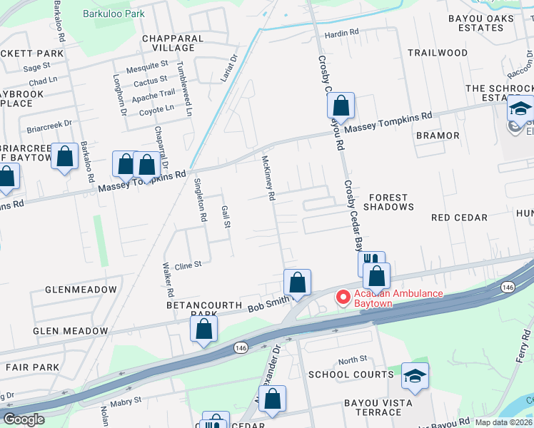 map of restaurants, bars, coffee shops, grocery stores, and more near 3431 McKinney Road in Baytown