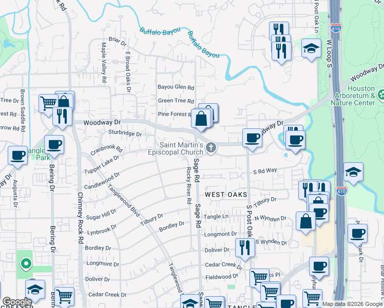 map of restaurants, bars, coffee shops, grocery stores, and more near 673 Shady Hollow in Houston