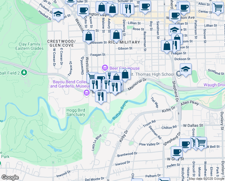 map of restaurants, bars, coffee shops, grocery stores, and more near 5555 Memorial Drive in Houston