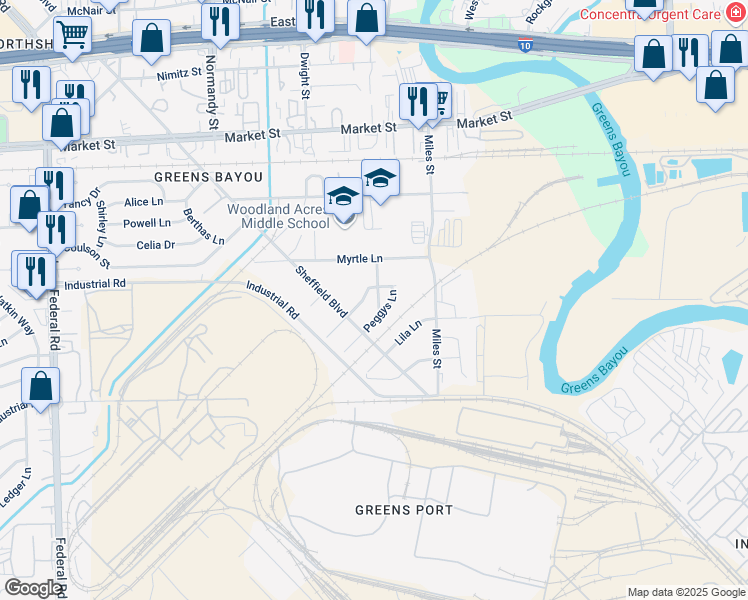 map of restaurants, bars, coffee shops, grocery stores, and more near 12921 Peggy's Court in Houston
