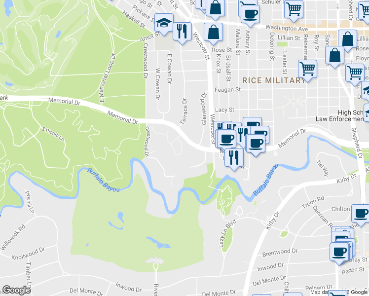 map of restaurants, bars, coffee shops, grocery stores, and more near 42 East Bend Lane in Houston