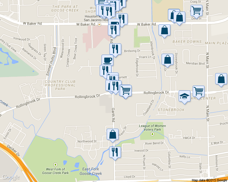 map of restaurants, bars, coffee shops, grocery stores, and more near 3600 Garth Road in Baytown