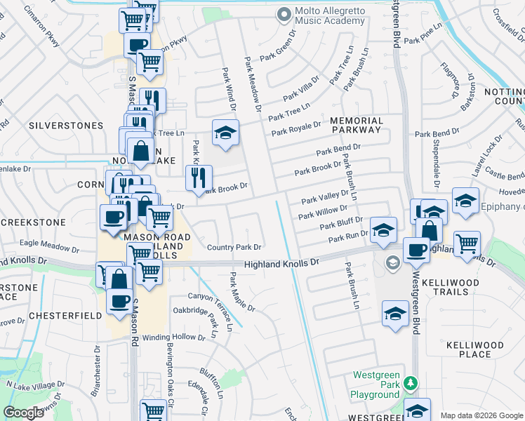 map of restaurants, bars, coffee shops, grocery stores, and more near 1403 Park Wind Drive in Katy