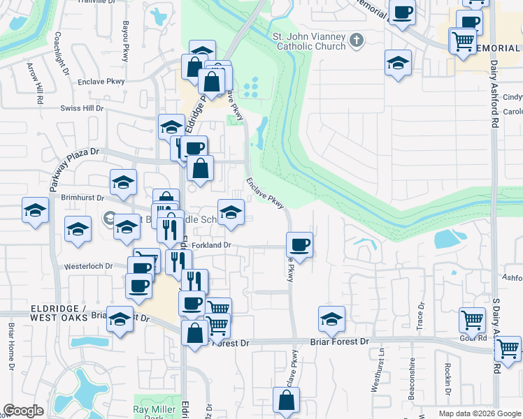 map of restaurants, bars, coffee shops, grocery stores, and more near 1330 Enclave Parkway in Houston