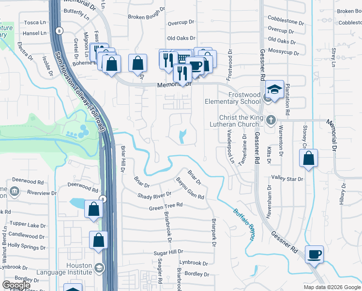 map of restaurants, bars, coffee shops, grocery stores, and more near 284 Litchfield Lane in Houston