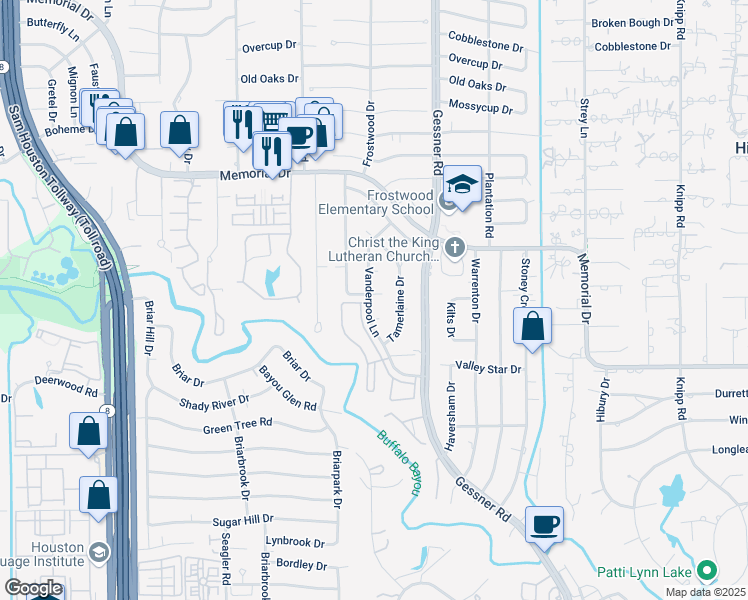 map of restaurants, bars, coffee shops, grocery stores, and more near 12331 Tunbridge Lane in Houston