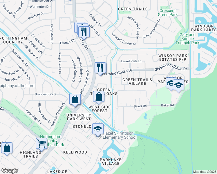 map of restaurants, bars, coffee shops, grocery stores, and more near 1719 Emerald Green Drive in Houston