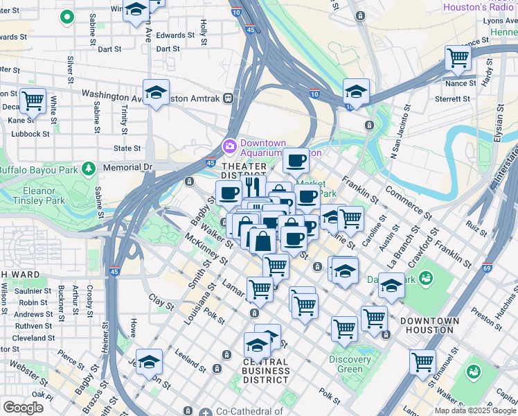 map of restaurants, bars, coffee shops, grocery stores, and more near 614 Texas Avenue in Houston