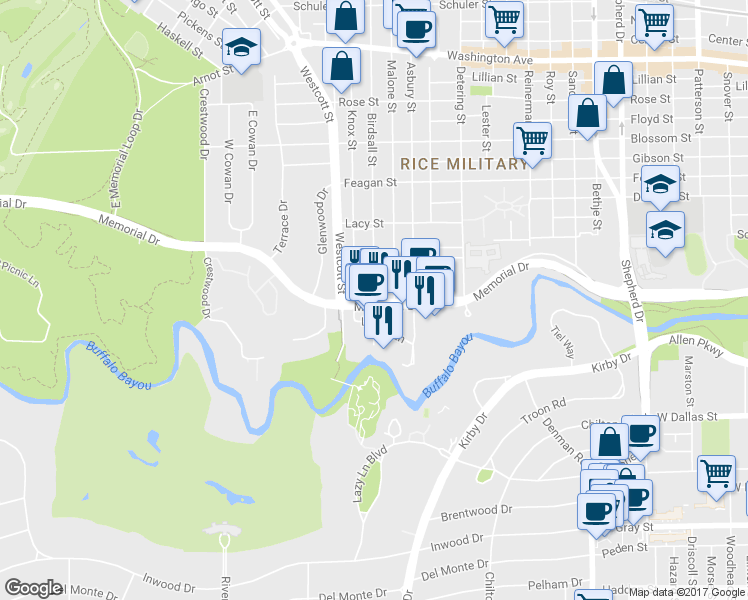 map of restaurants, bars, coffee shops, grocery stores, and more near 5710 Memorial Drive in Houston