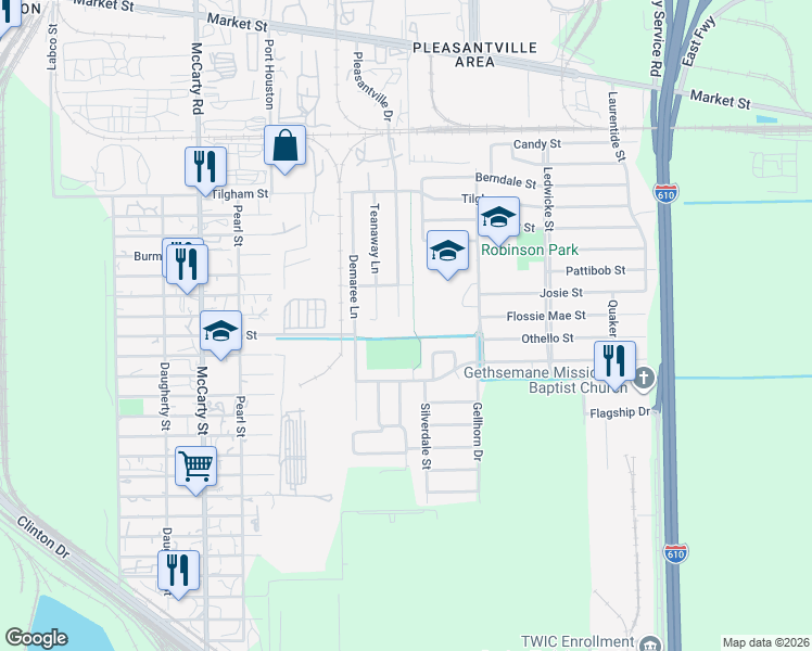 map of restaurants, bars, coffee shops, grocery stores, and more near 1629 Pleasantville Drive in Houston