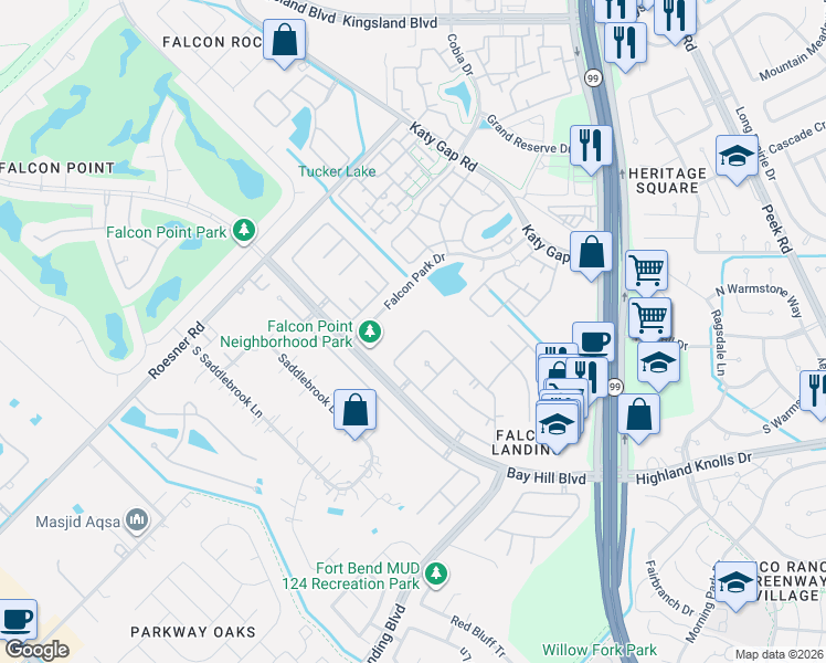 map of restaurants, bars, coffee shops, grocery stores, and more near 1510 Pacific Grove Lane in Katy