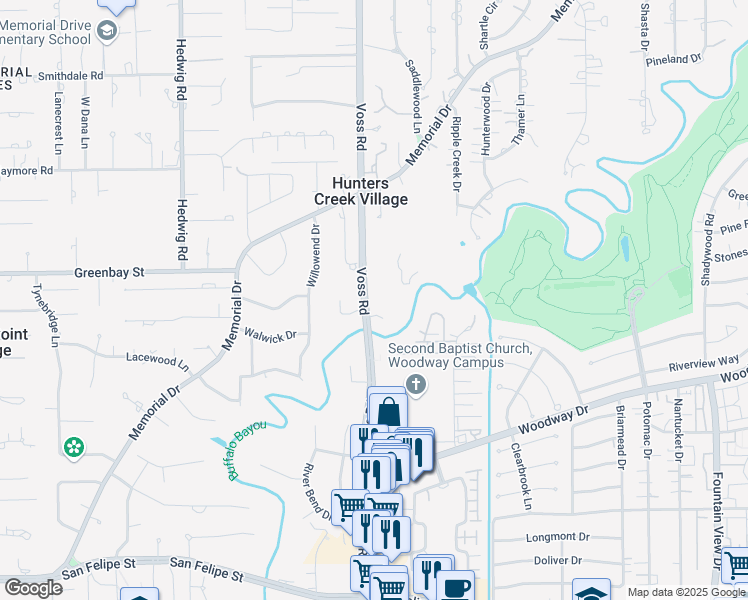 map of restaurants, bars, coffee shops, grocery stores, and more near 206 Voss Road in Houston