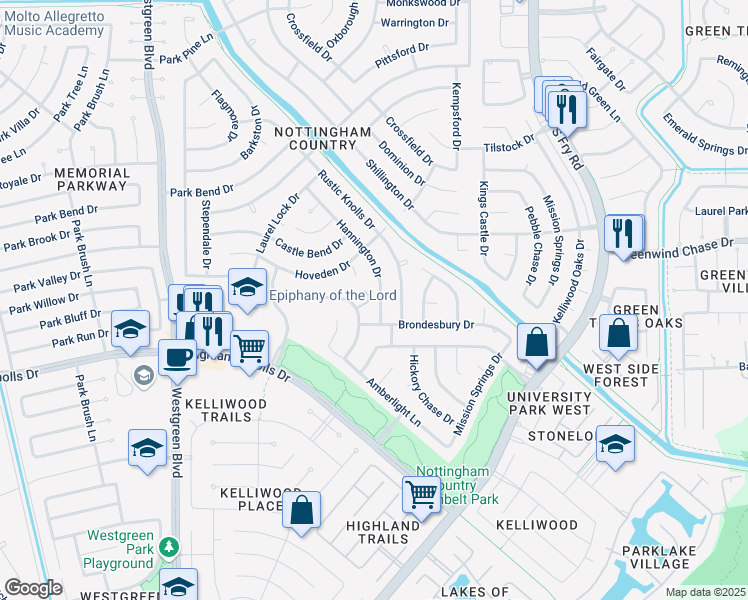 map of restaurants, bars, coffee shops, grocery stores, and more near 1610 Hannington Drive in Katy