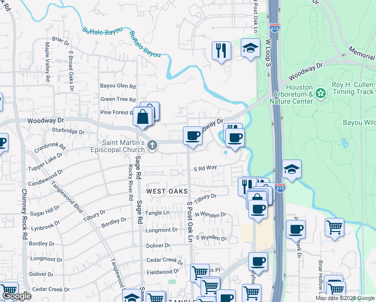 map of restaurants, bars, coffee shops, grocery stores, and more near 725 South Post Oak Lane in Houston