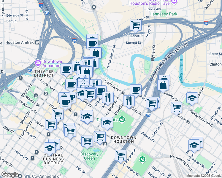 map of restaurants, bars, coffee shops, grocery stores, and more near 1301 Franklin Street in Houston