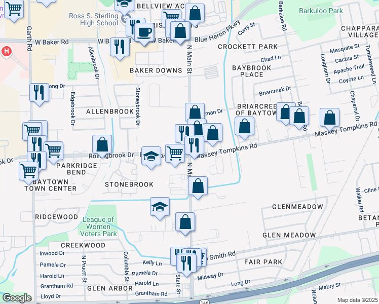 map of restaurants, bars, coffee shops, grocery stores, and more near North Main Street in OLD RVR-WNFRE