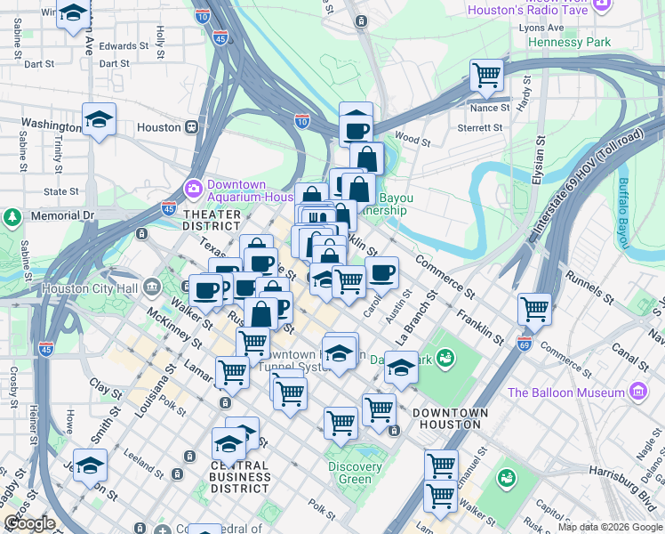 map of restaurants, bars, coffee shops, grocery stores, and more near 1001 Preston Street in Houston