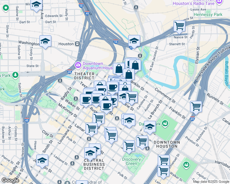 map of restaurants, bars, coffee shops, grocery stores, and more near 409 Travis Street in Houston