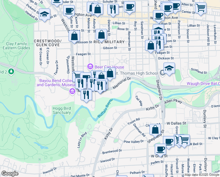 map of restaurants, bars, coffee shops, grocery stores, and more near 5400 Memorial Parkway in Houston