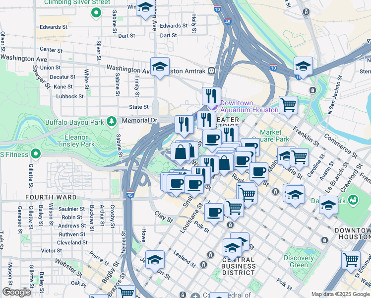 map of restaurants, bars, coffee shops, grocery stores, and more near 800 Bagby Street in Houston