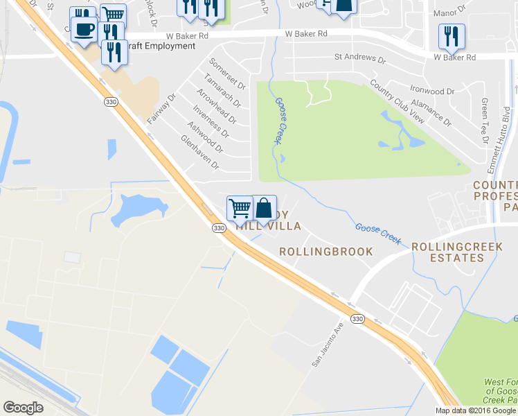 map of restaurants, bars, coffee shops, grocery stores, and more near 4801 Pebble Brook Street in Baytown