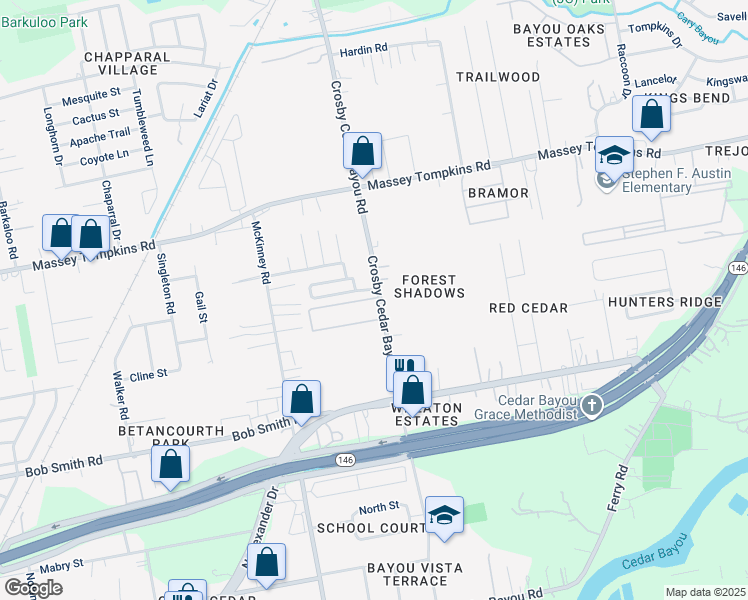 map of restaurants, bars, coffee shops, grocery stores, and more near 3529 Crosby Cedar Bayou Road in Baytown
