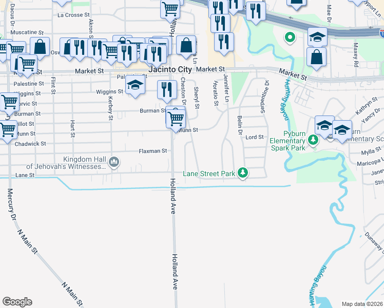 map of restaurants, bars, coffee shops, grocery stores, and more near 1702 Cheston Drive in Houston