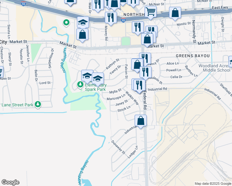 map of restaurants, bars, coffee shops, grocery stores, and more near 12422 Mylla Street in Houston