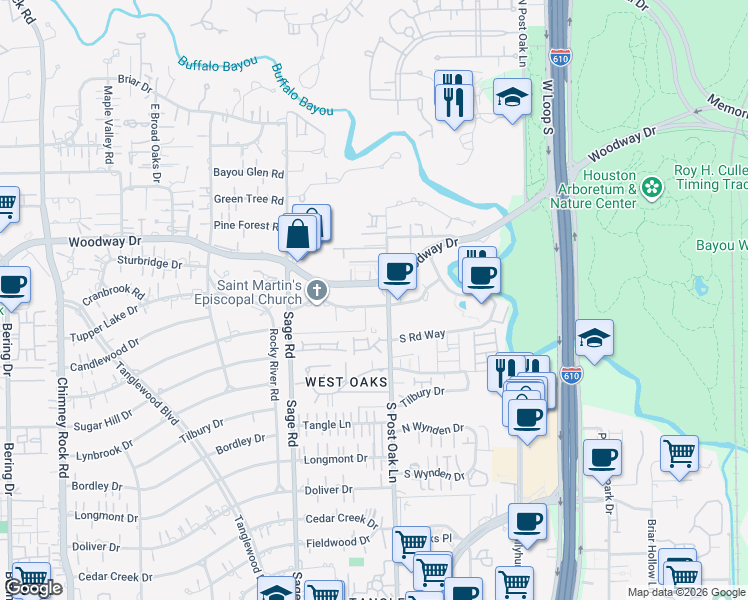 map of restaurants, bars, coffee shops, grocery stores, and more near 717 Sage Road in Houston