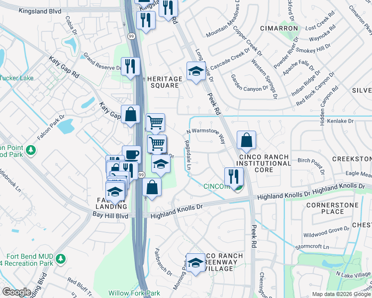 map of restaurants, bars, coffee shops, grocery stores, and more near 1322 Ragsdale Lane in Katy
