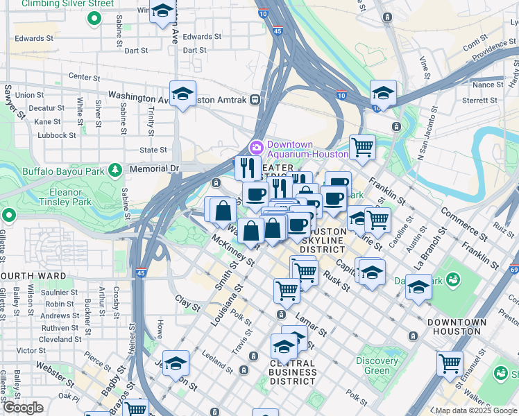map of restaurants, bars, coffee shops, grocery stores, and more near 500-574 Capitol Street in Houston