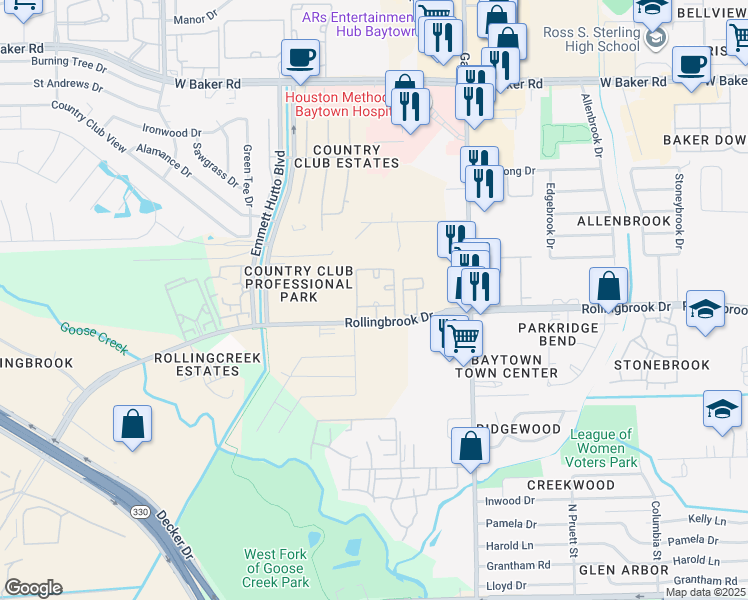 map of restaurants, bars, coffee shops, grocery stores, and more near 1700 Rollingbrook Drive in Baytown