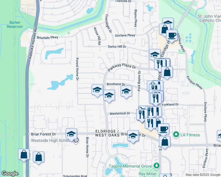 map of restaurants, bars, coffee shops, grocery stores, and more near 1422 Baldwin Square Drive in Houston