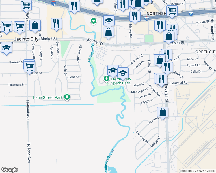 map of restaurants, bars, coffee shops, grocery stores, and more near 1462-1498 Maryknoll Drive in Houston