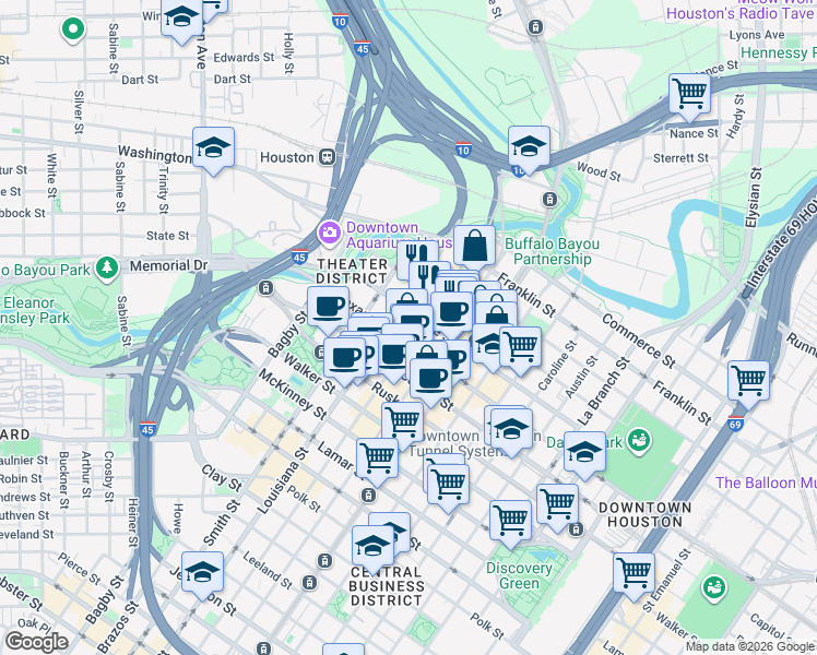 map of restaurants, bars, coffee shops, grocery stores, and more near 520 Milam Street in Houston