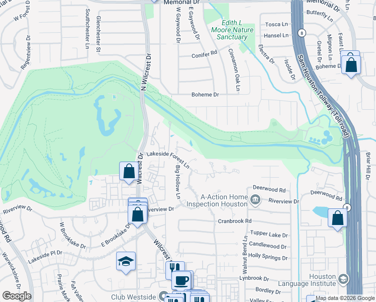 map of restaurants, bars, coffee shops, grocery stores, and more near 115 Big Hollow Lane in Houston