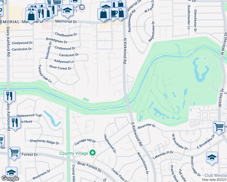 map of restaurants, bars, coffee shops, grocery stores, and more near 14134 Heatherfield Drive in Houston