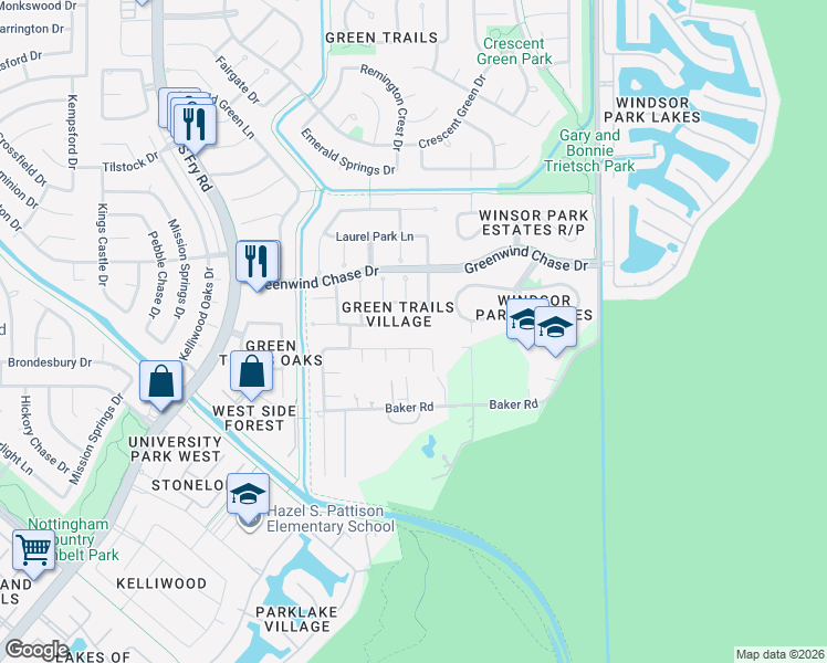 map of restaurants, bars, coffee shops, grocery stores, and more near 19515 Knightsridge Lane in Houston