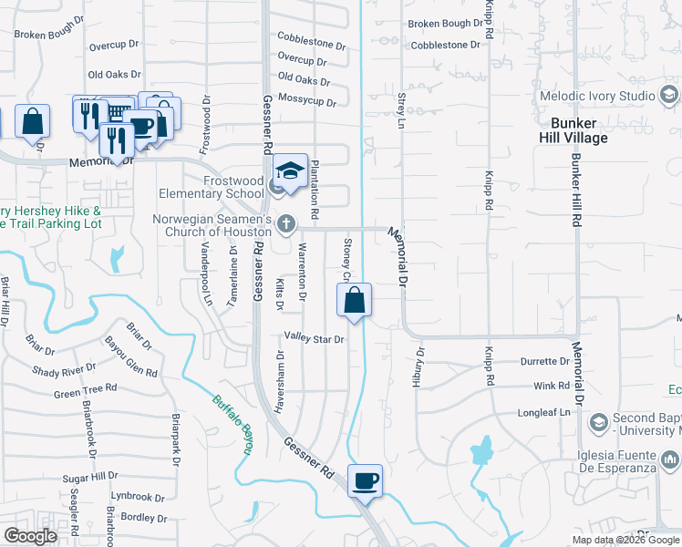 map of restaurants, bars, coffee shops, grocery stores, and more near 247 Stoney Creek Drive in Houston