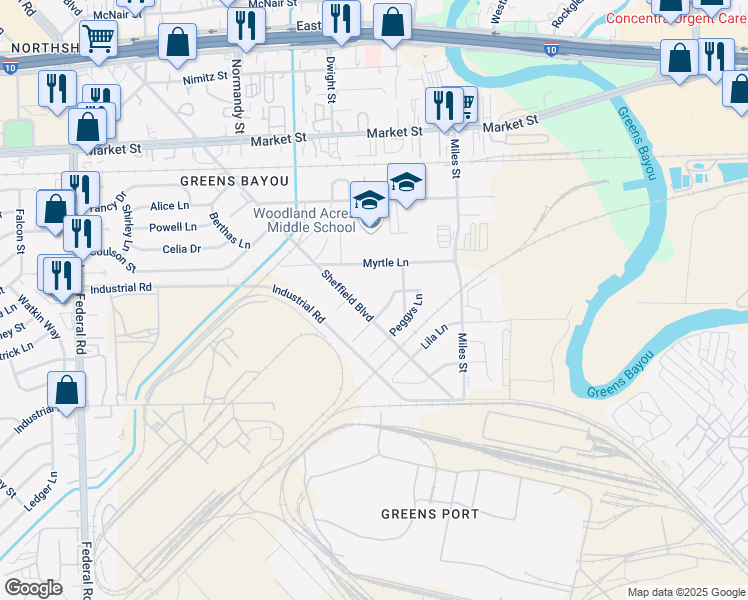 map of restaurants, bars, coffee shops, grocery stores, and more near 1569 Sheffield Boulevard in Houston