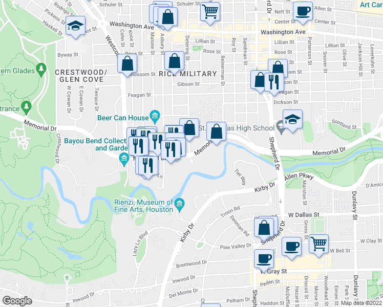 map of restaurants, bars, coffee shops, grocery stores, and more near 5355 Memorial Drive in Houston