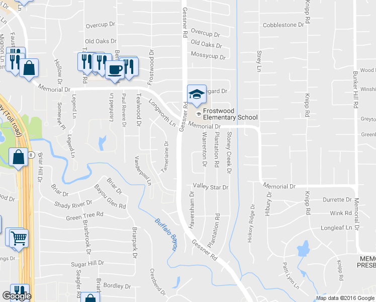 map of restaurants, bars, coffee shops, grocery stores, and more near 233 Kilts Drive in Houston