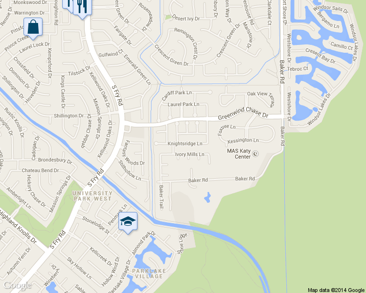 map of restaurants, bars, coffee shops, grocery stores, and more near 19619 Knightsridge Lane in Houston