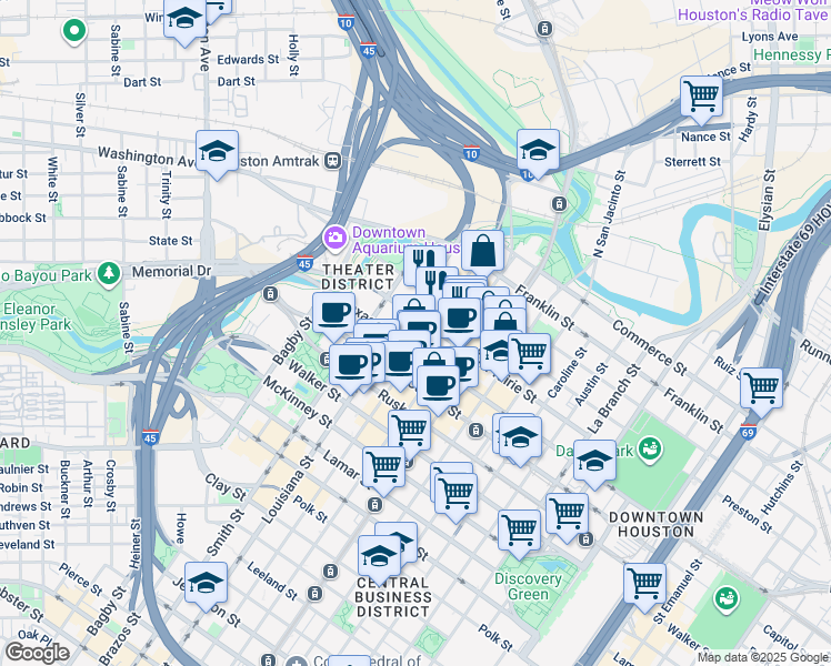 map of restaurants, bars, coffee shops, grocery stores, and more near 520 Milam Street in Houston