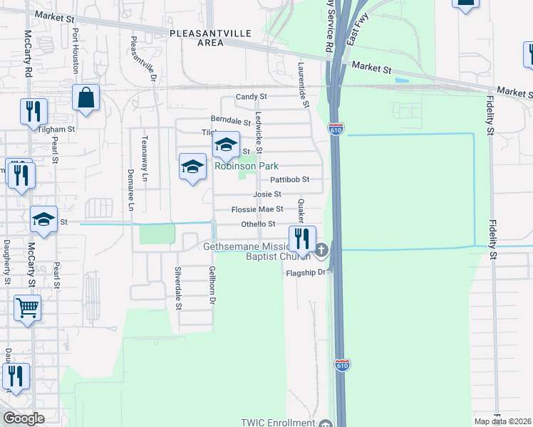 map of restaurants, bars, coffee shops, grocery stores, and more near 8706 Flossie Mae Street in Houston