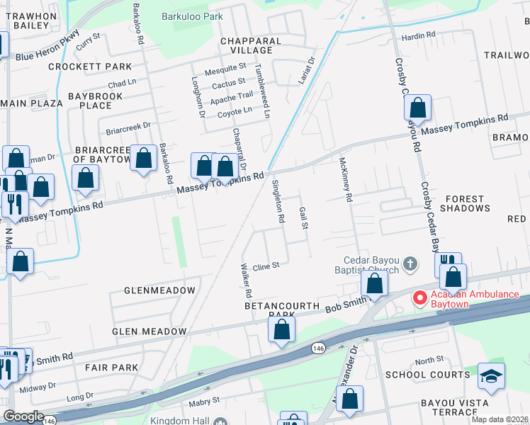 map of restaurants, bars, coffee shops, grocery stores, and more near 1409 McPhail Road in Baytown